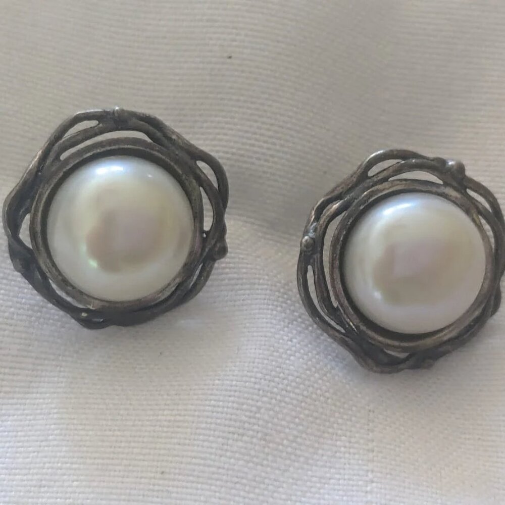 Vintage Round Faux Pearl Israel 925 Sterling Silver Earrings